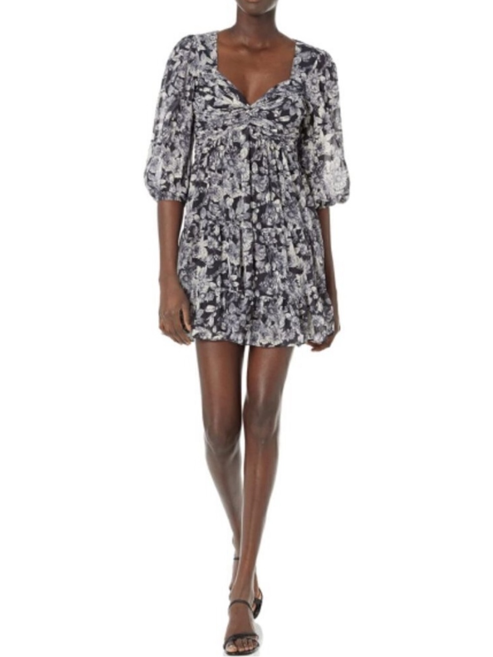 Cinq à Sept Harlie Floral Twist Front Tiered Mini Dress Black White Size 10